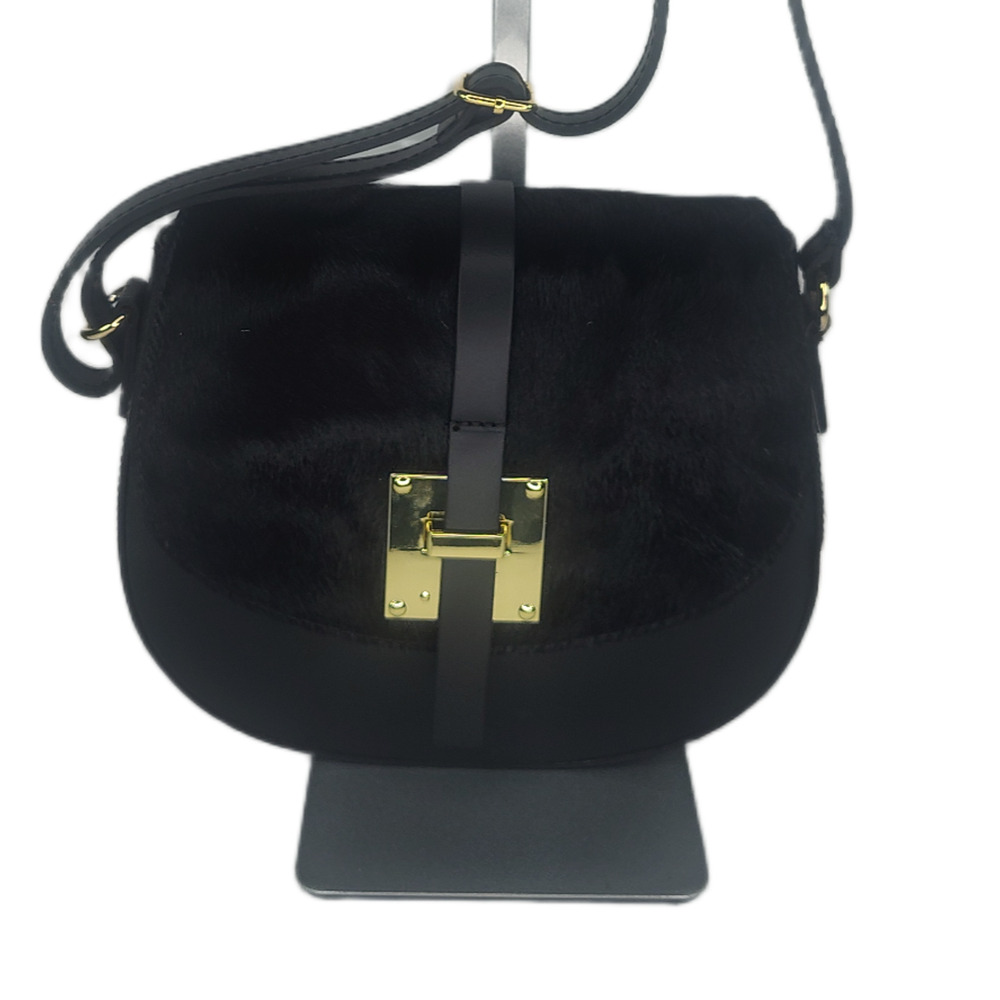 Charlie Leather Mack Black Leather & Black Fur Small Half Moon Crossbody Bag-NWT - Picture 3 of 12